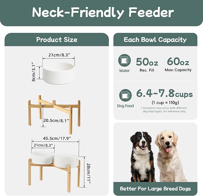 Havniva 8.3” Dog Bowls Elevated Ceramic Dog Food and Water Bowl Set, Double Raised Dog Water Bowl with Stand Non-Slip Rubber Base Large Capacity Feeding Pet Food Bowl for Large Dogs