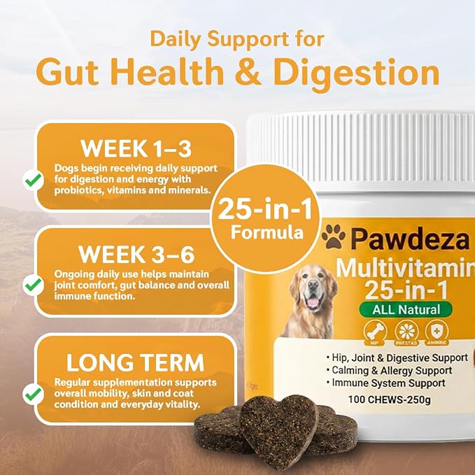 25-in-1 Dog Multivitamin Soft Chews – Hip & Joint, Skin & Coat, Immune, Digestive & Calming Support – 500M CFU Probiotics, Salmon Oil, Glucosamine & Chondroitin