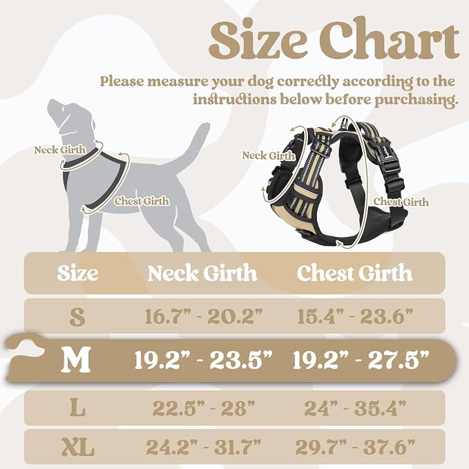 rabbitgoo Dog Harness Medium Sized, Updated Easy On & Off with 3 Buckles | No Pull No Choke, Walking with 2 Clips and Handle, Adjustable Soft Reflective, Beige, Medium