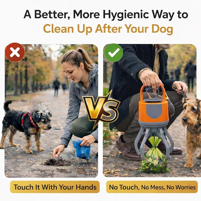 Portable Dog Poop Scooper for Walks, One-Handed No-Touch Pet Waste Pickup Claw with Used Poop Bag Holder Clip, Compact Travel Pooper Scooper for Dog Walking, Orange Gray (White Orange)