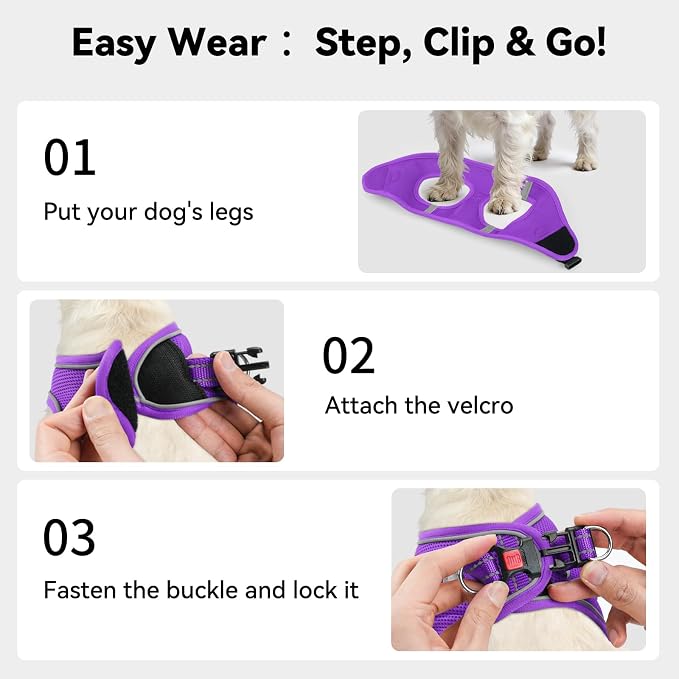 Joytale Step-in Dog Harness, Soft Breathable Mesh, Purple L | Adjustable Fit for Small Dogs, Easy Step-in with Secure Fastener, Even Chest Pressure, Reflective For Night Safety, Washable