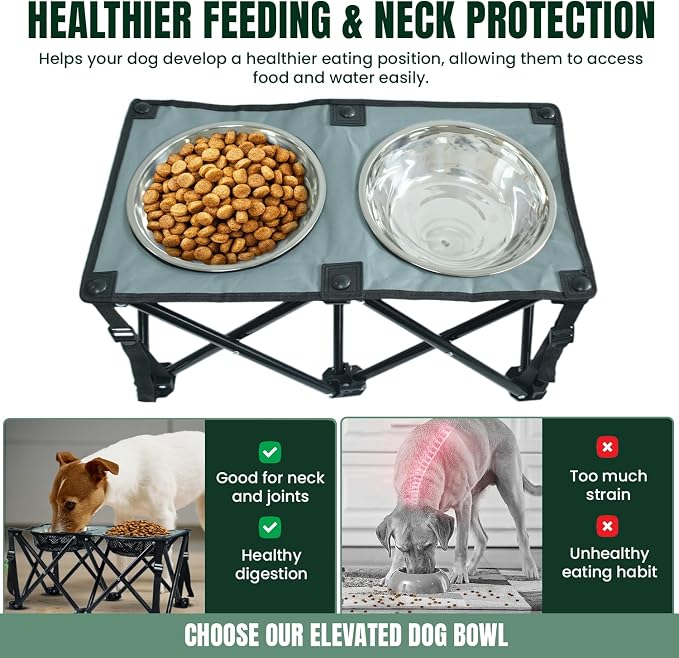 Foldable Camping Elevated Dog Bowl Stand – 10" Height Raised Dog Feeding Stand with 2 Stainless Steel Bowls 2.6" Depth – Portable Food and Water Bowl Set for Medium and Large Dogs – Black