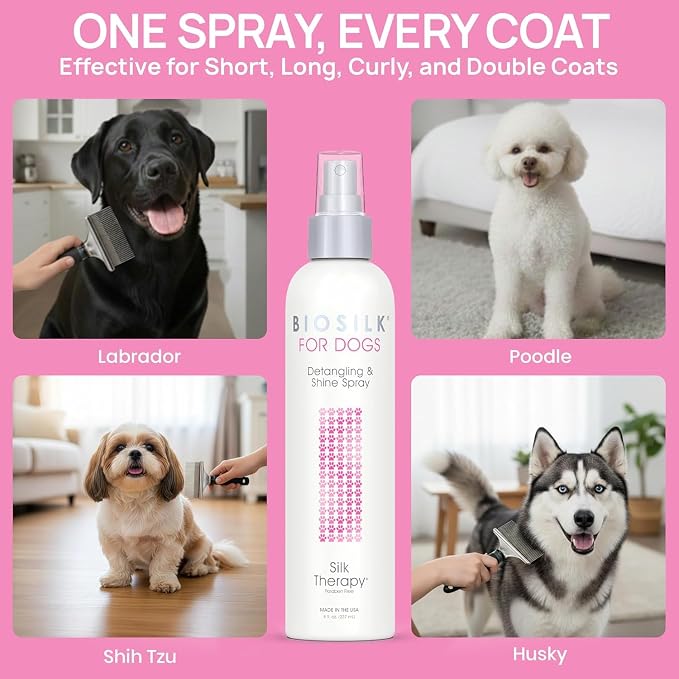 BioSilk for Dogs Silk Therapy Detangling and Shine Spray, 8 Fl Oz, 6-Pack | pH-balanced, paraben-free leave-in mist with silk and vitamins, dematting spray for all coats and breeds