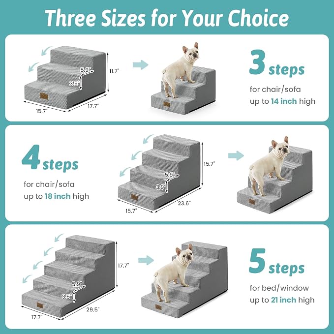 COZY KISS Dog Stairs for Small Dogs, 3 Step Pet Stairs for Beds & Couches | 11.7" H Non-Slip Dog Steps for Bed & Sofa, Gentle Incline for Puppies, Senior Cats, and Small Dogs, 15.7x17.7x11.7 in, Grey