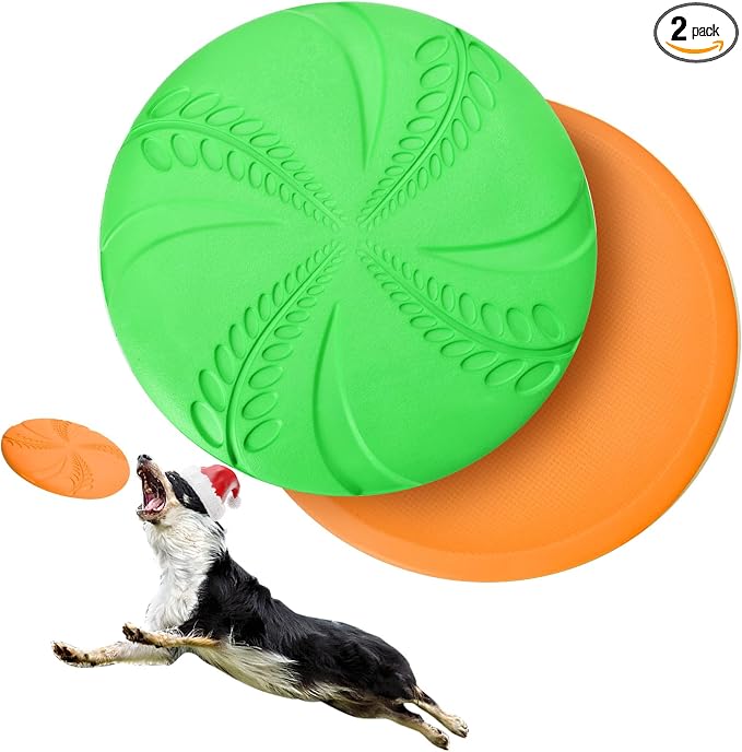 Nobleza 2 Pack Dog Flying Disc, 8in Interactive Flyer Dog Toys for Small Medium Large Dogs to Fetch, Durable Outdoor Dog Disc Toy for Long-Distance Flies and Floats on Water, Orange & Green