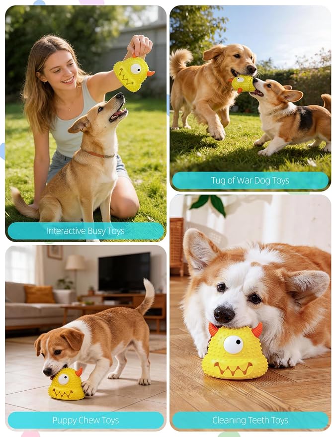 Squeaky Monster Dog Toy, Soft Latex Interactive Toy, Keep Them Busy Tug of War Birthday Dog Chew Toy for Small to Medium Dogs (Yellow)