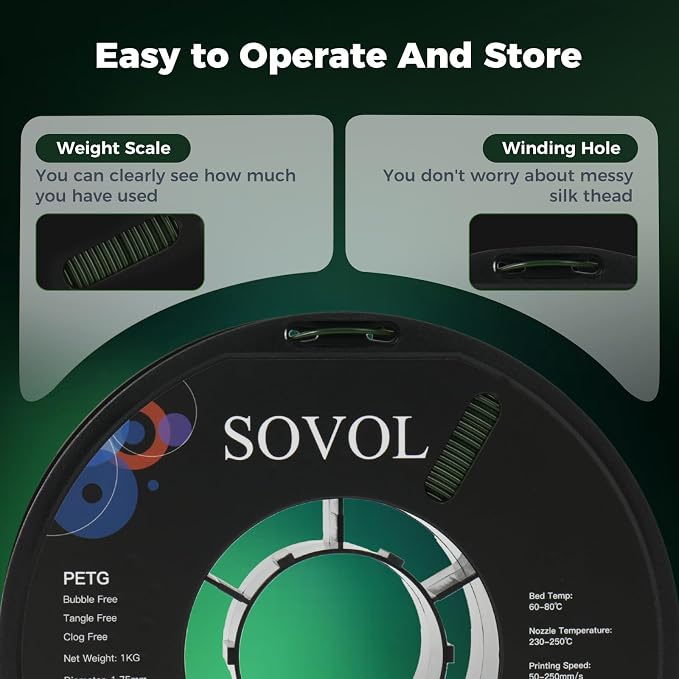 Sovol 3D Printer PETG Filament 1.75mm 1KG (2.2lbs), High Precision, Strong Toughness, Wiring Tightness, Dimensional Accuracy +/- 0.03 mm, 3D Printing PETG Filaments, Army Green