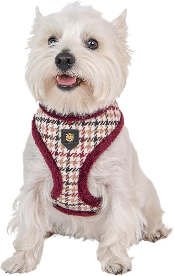 Puppia Kent Dog Harness Over-The-Head Warm Winter Houndstooth Pattern Adjustable Chest for Small and Medium Dog, Wine, Medium