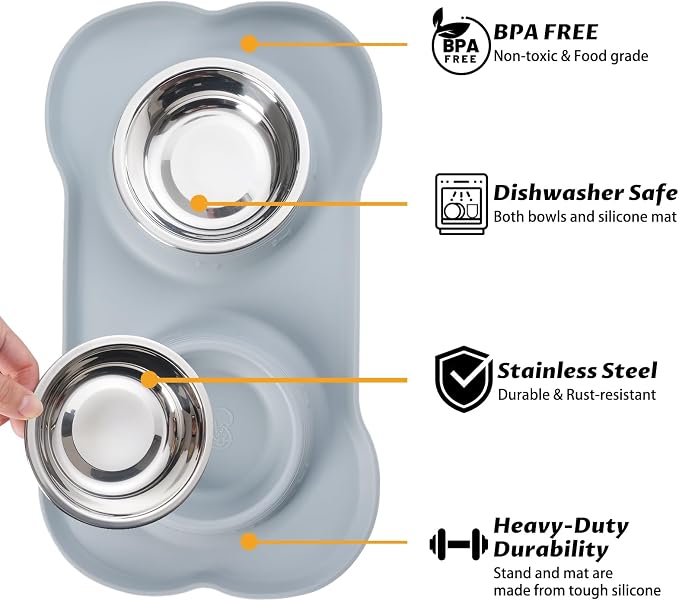 Hubulk Pet Dog Bowls 2 Stainless Steel Dog Bowl with No Spill Non-Skid Silicone Mat + Pet Food Scoop Water and Food Feeder Bowls for Feeding Small Medium Large Dogs Cats Puppies (Medium, Gray)