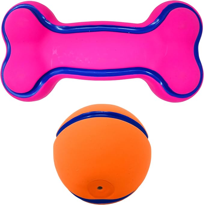 Nerf Dog 2.5in Latex Squeak Ball and 5in Latex Squeak Bone 2-Pack -Pink/Blue and Orange/Blue