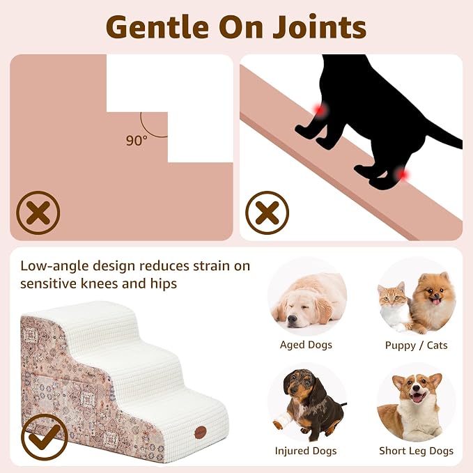 Woochpet 15.7” H Ramp Dog Stairs for Small Dogs, Printed Fabric 3 Tier Wider Curved Pet Stairs for Couch and Beds，Non-Slip Bottom for Old Cats with High-Density Foam and Washable Cover