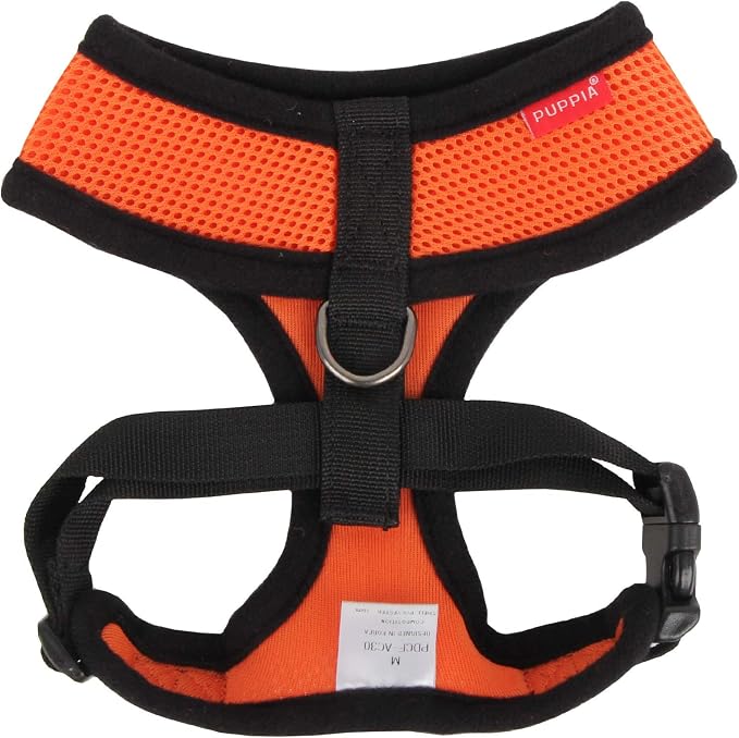 Puppia Soft Dog Harness No Choke Over-The-Head Triple Layered Breathable Mesh Adjustable Chest Belt and Quick-Release Buckle, Orange, Small