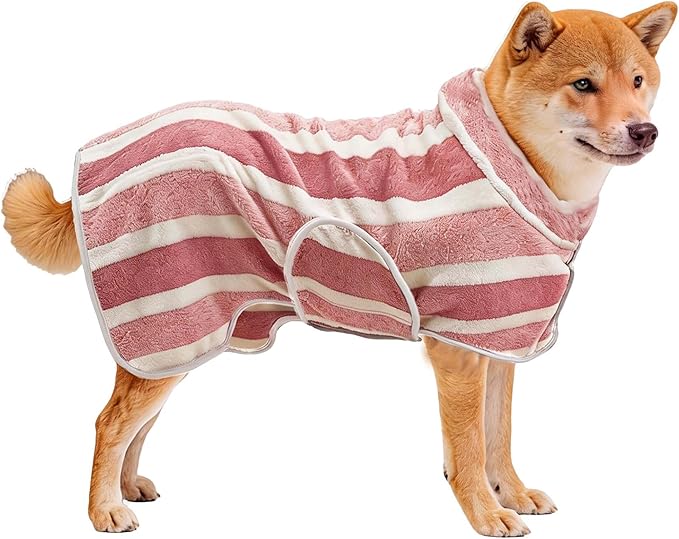 Fast Drying Dog Bath Robe, Super Absorbent Stripes Dogs Towel, Adjustable Warm Keeping Pet Puppy Bath Supplies (Red, S)