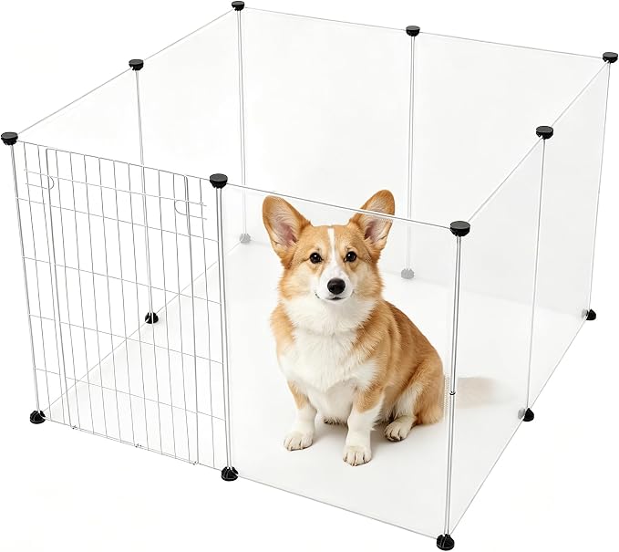 BRIAN & DANY Dog Playpen Portable for Small Animals, Dog Play Pen Indoor, Transparent Pet Playpen for Puppies, Cats, 8 Panels - 28 X 20 Inch