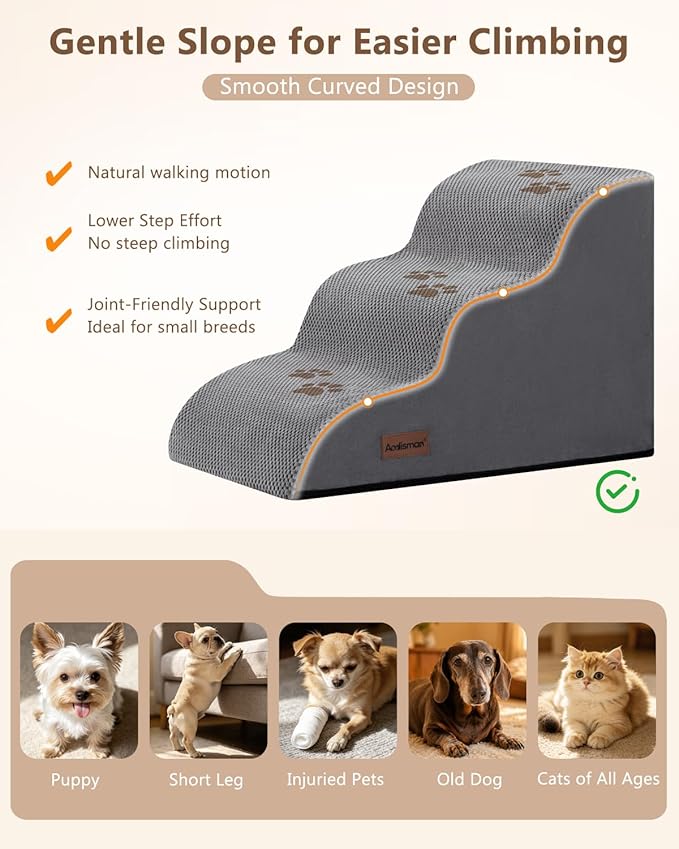Aodisman Dog Stairs for Small Dogs,3 Step Dog Ramp for Couch and Bed,Pet Stairs with Non-Slip Bottom for Old Cats,Indoor Pet Steps,Comfort,Durable,15.4" H,Grey