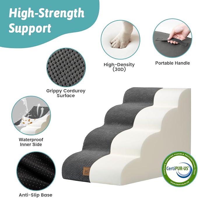 COZY KISS Wide Dog Stairs for Small Dog 19.7" H, 4 Step Pet Ramp for Bed | Curved Stable Dog Step for Puppy, Older Cat, Senior, Medium, Short-Legged Dog, Non-Slip Ladder, 17.7 inch Width, Dark Grey