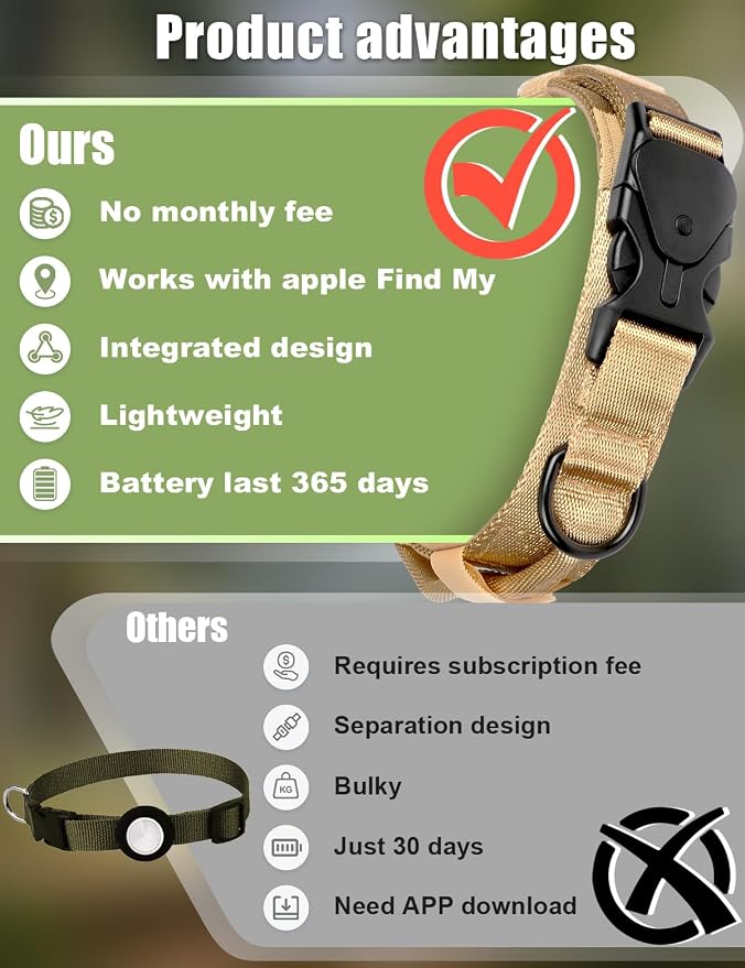 Tactical AirTag Dog Collar, No Monthly Fee Anti-Lost Collar, Only iOS, M | Built-in GPS module, Apple Find My compatible, adjustable fit, durable tactical design, Waterproof, soft padded lining