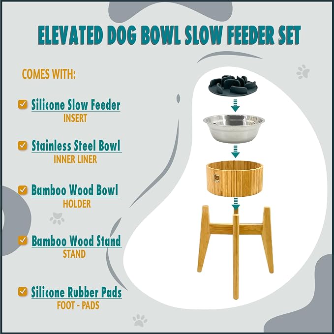 Elevated Slow Feeder Dog Bowls Large Breed - (12-inch-high) - Raised Bowl with Anti-Choking Insert - Stainless Metal and Bamboo