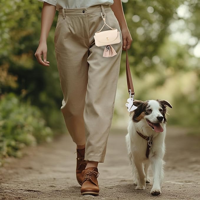 Affrolling 5 Pcs Leather Dog Poop Bag Holder Christmas Include 45 Scented Poop Bags Dispenser Cute for Travel Walking Dog Park and Outdoor Use(Apricot)