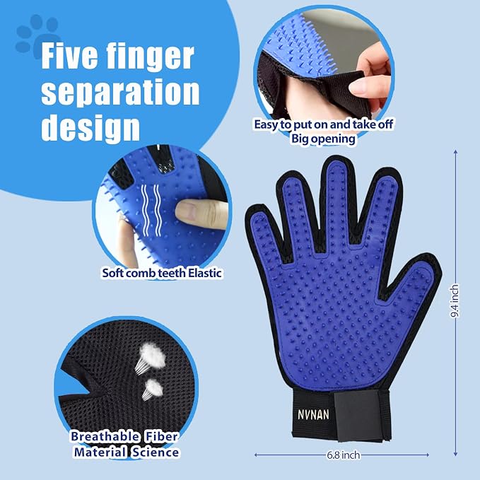 NVNAN 5 Piece Dog Grooming Brush Set with Grooming Gloves, Blue
