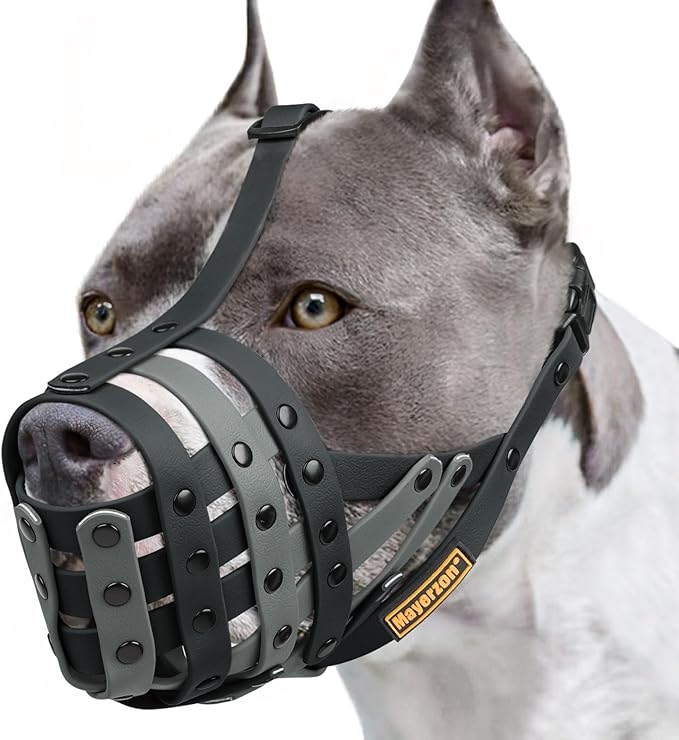 Pitbull Dog Muzzle for Large Medium Dogs Prevent Biting Scavenging | Fits Rottweiler Amstaff Broad-nosed Breed, Sturdy Breathable Basket, Training Walking Use, Allows to Drink | Black Grey, M