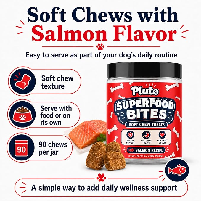 Pluto Superfood Softchew for Dogs, Immune Support Digestive Health Skin & COATSUPPORT Hip and Joint Supplement for Dogs Salmon Flavor 90 Chews (1 PCS)