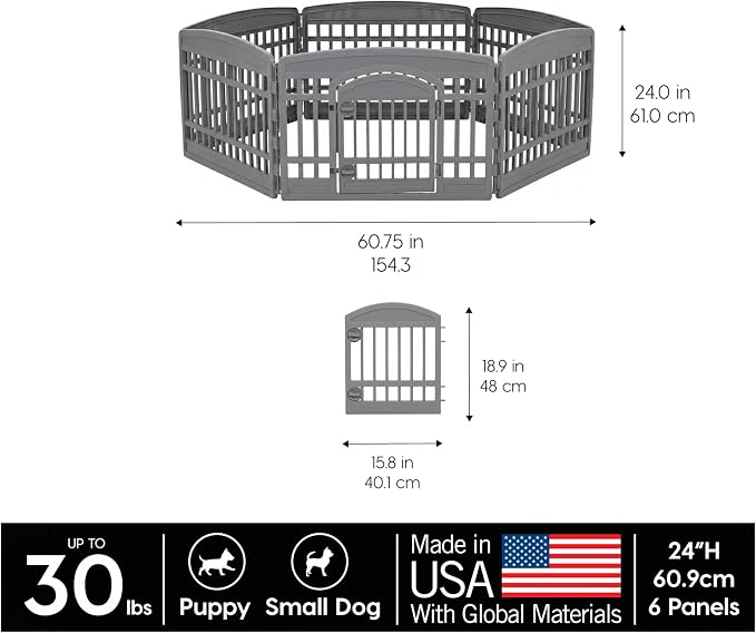 IRIS USA 24" Dog Playpen 6-Panel Pet Exercise Pen with Door Gate 61x61x24 Puppy Play Pen Indoor Outdoor Plastic Heavy Duty Foldable Portable Pet Fence for Small Medium Dogs Puppies Multiple Pets Gray