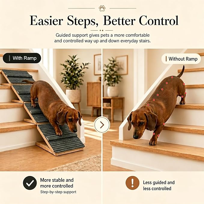 3 Pack Dog Ramp for Stairs – Solid Wood Adjustable & Foldable, 4 Heights, Non-Slip Silicone Base, Traction Felt, Raised Pause Strip, 35lb for Small & Senior Dogs