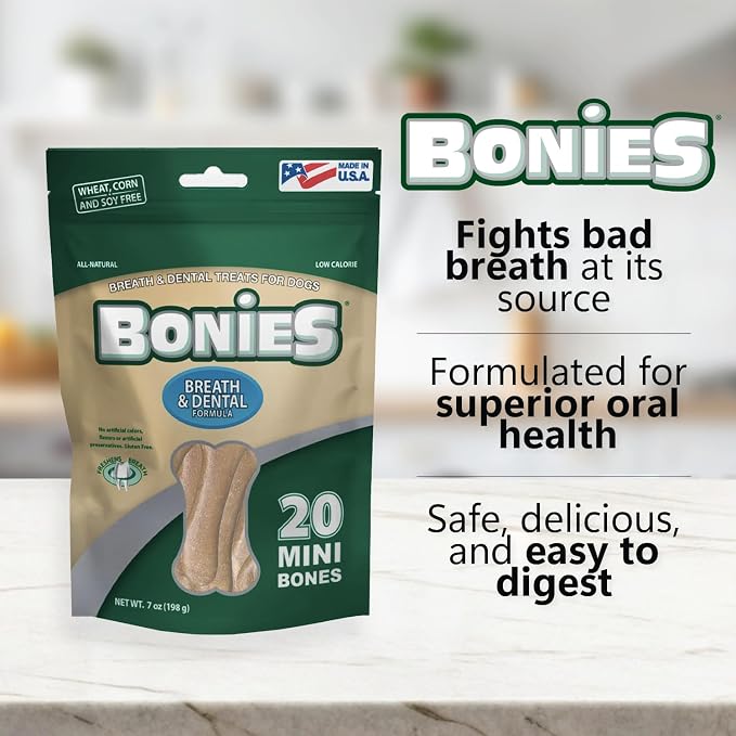 Bonies Natural Breath and Dental Formula Minis-Sized Single Bone - All-Natural Ingredients, Fresh Breath, Cleans Teeth, Low Calories, Chicken Flavor, MINI Dogs, 20 Bones
