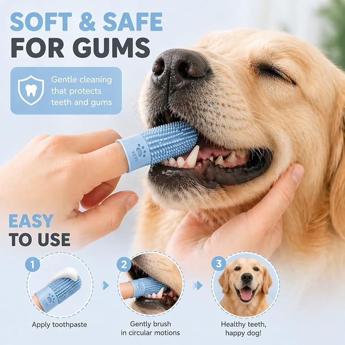 Dog Toothbrush Finger Silicone | Pet Dental Cleaning Brush for Dogs & Cats | Soft Bristles Oral Care | Finger Toothbrush for Pets (Blue)