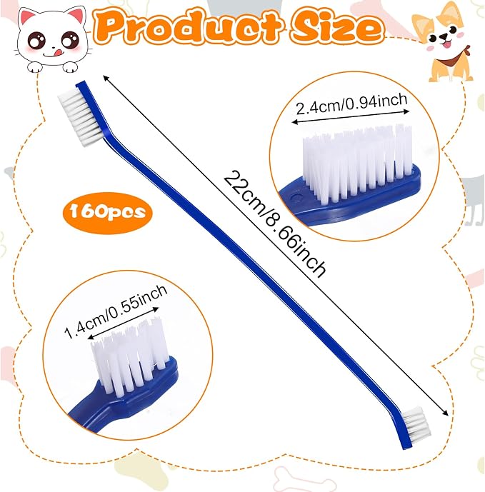 160Pcs Dual Head Dog Toothbrushes, Long Handle for Puppy Cat Dental Care