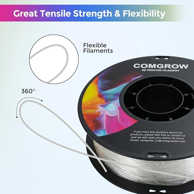 Comgrow TPU Filament 1.75, Flexible 95A Soft 3D Printing Filament fit Most 3D Printers Dimensional Accuracy +/- 0.02mm TPU Transparent1kg (2.2lbs)