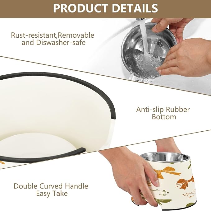 Blueangle Elevated Dog Bowls with Stainless Steel - Non-Slip 2.3 Cup High Capacity Pet Dish for Spinal Health & Autumn Bows Design（179）