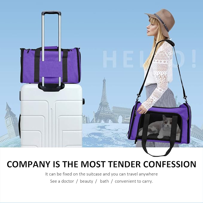 Henkelion Large Cat & Dog Carrier, Up to 25 lbs, Soft Sided Collapsible, Purple