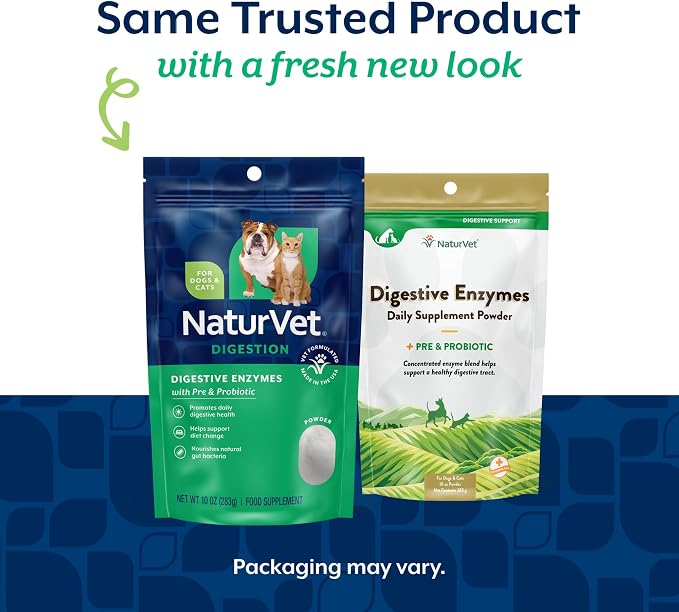 NaturVet Digestive Enzymes with Pre & Probiotic for Dogs & Cats - 10 oz | Supports Diet Changes & a Healthy Digestive Tract, Powder Pouch