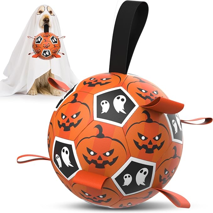 Diman Halloween Dog Toys, 7 Inch Dog Balls, Dog Soccer Ball with Straps | Outdoor Dog Toys, Balls for 30-90 lbs Dogs, Halloween Gifts for Dogs, Dog Toy Balls for Tug of War