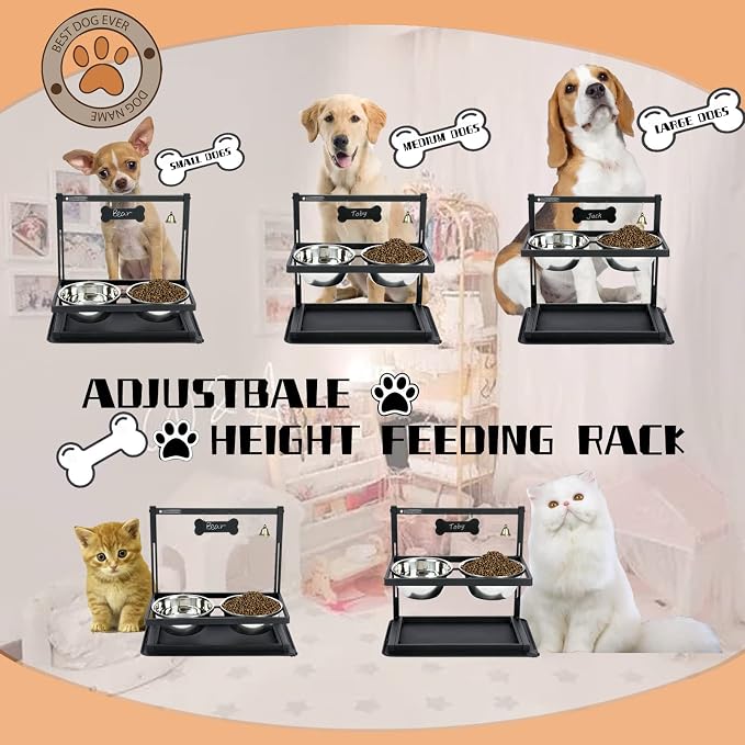 Elevated Dog Bowls, Raised Stand for Large and Medium Dogs, Adjustable Height With Two 58oz Stainless Steel Food Bowls and Spill Proof Mat