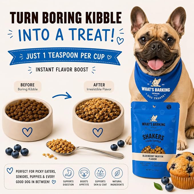 What's Barking Shakers Blueberry Muffin Dog Meal Topper, Treat Crumbles for Dog Food, Sprinkle Topper for Kibble or Wet Food, Made in USA, Resealable Bags, Pack of 3