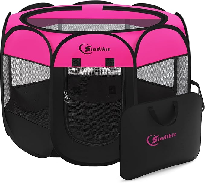 Siedihit Dog Playpen, Medium Puppy Pet Playpen, Dog Crate Tent Cage Indoor/Outdoor, Portable Pop Up Dogs Kennel Playpen with Carrying Case for Dogs/Cats/Rabbits, Hot Pink