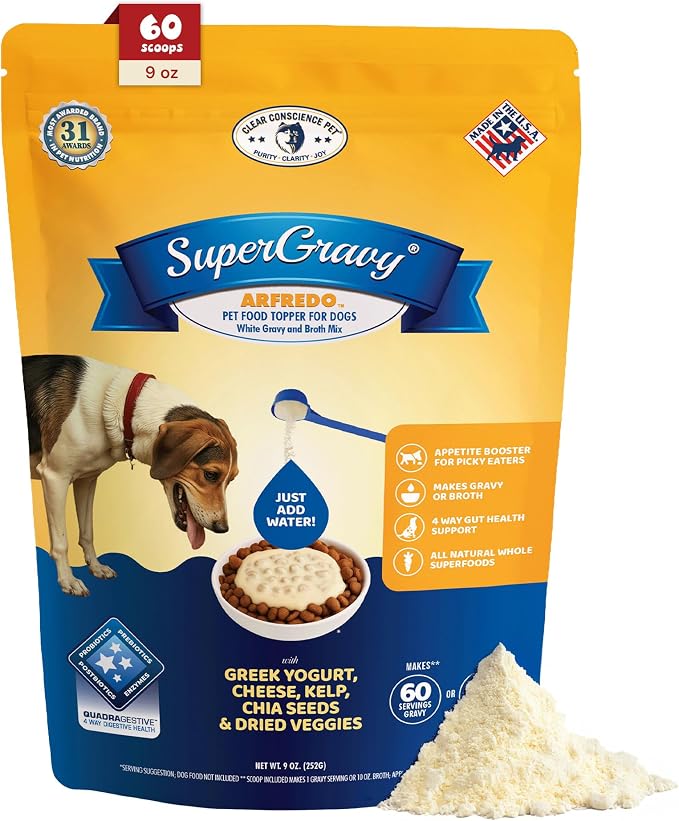 CLEAR CONSCIENCE PET® Arfredo SuperGravy® Dog Food Topper Hydration Broth Mix Greek Yogurt Cheese Blend Kibble Seasoning Probiotics Prebiotics Enzymes Taurine 9 oz. 60 Scoop, All Life Stage