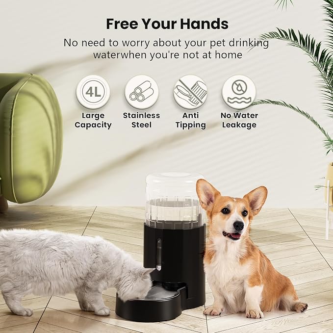 CZPET Dog Water Bowl Dispenser 4L, Wider Mouth & Upgraded Brush for Easy Cleaning Automatic Cat Gravity Refilling Waterer with Removable Stainless Steel Bowl, Large Drinking Area for Multi-Pet (Black)