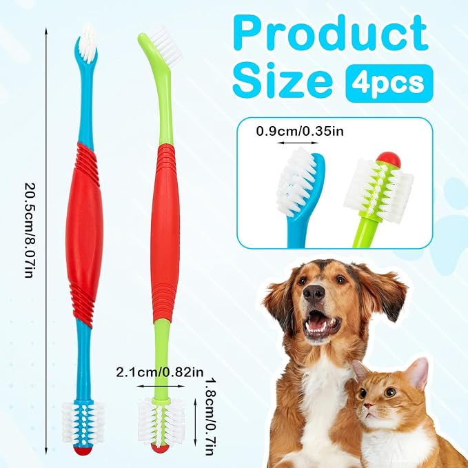 4 PCS Dog Toothbrush, 360 Degree Soft Double Headed Pet Toothbrush, Dogs Cleaning Tooth Brushing Kit for Dogs Cats Teeth Cleaning (Blue, Green)