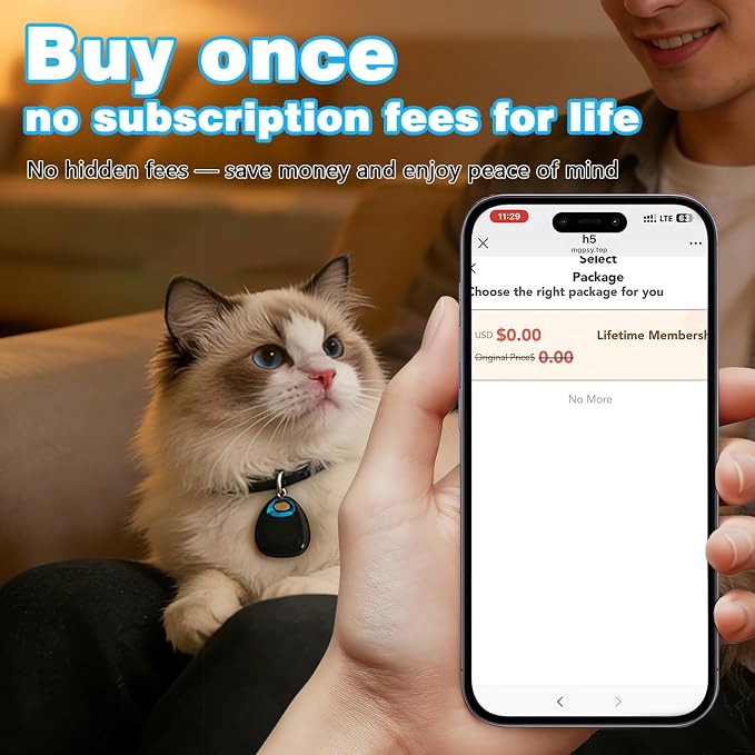 GPS Dog & Cat Tracker 1Year Replaceable Battery No SIM Card or Monthly Fees | iOS & Android App, 1-Minute Location Updates, IPX7 Waterproof, Built-In Attachment Loop for Flexible Use