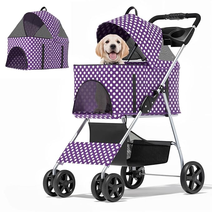 MoNiBloom 3-in-1 Foldable Pet Stroller - Purple Polka Dots, up to 33lbs