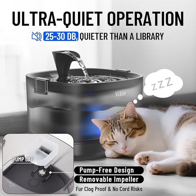 Veken Cat Water Fountain with Detachable Tank & Secure Clips, Easy to Clean & Assemble, 85oz/2.5L Pet Drinking Dispenser with Quiet Operation & LED Light, Gifts, Cats, Dogs and Small Pets, Black