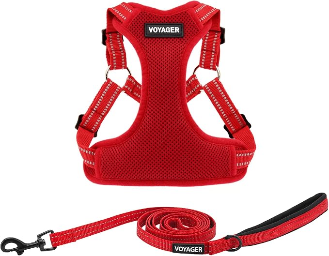 Best Pet Supplies Voyager Adjustable Step-in Flex Breathable Mesh Dog Harness for Small Medium Large Dogs Leash Set (Red), M