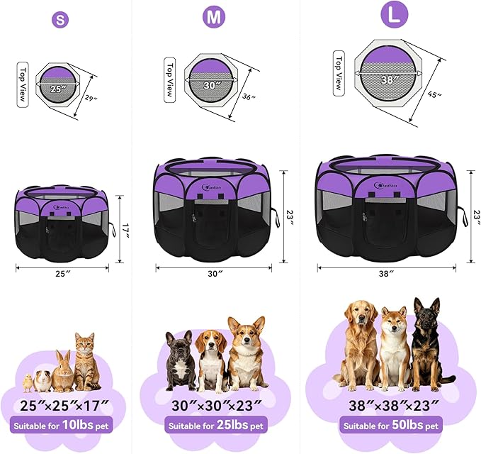 Siedihit Dog Playpen, Puppy Pet Playpen, Dog Crate Tent Cage Indoor/Outdoor, Portable Pop Up Dogs Kennel Playpen with Carrying Case for Dogs/Cats/Rabbits, Purple, Medium