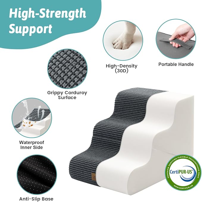 COZY KISS Dog Stairs for Small Dogs, 3-Step 2-in-1 Dog Steps,15.7" H | 3-step dog stairs and ramps for Old Cats, Puppy, Small Dogs,Non-Slip Base,for Couch & Bed, Dark Grey