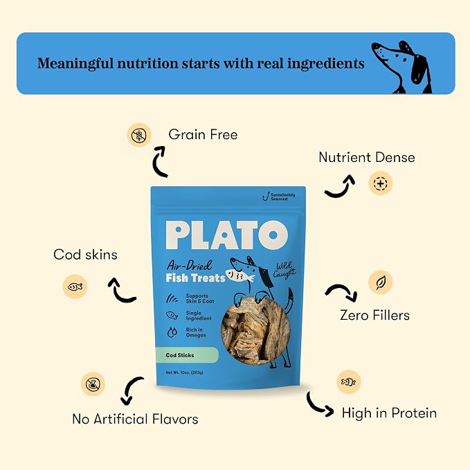 Plato Single Ingredient Wild-Caught Cod Skin Sticks Dog Treats, Air-Dried Omega-Rich Skin & Coat Support, 10 oz