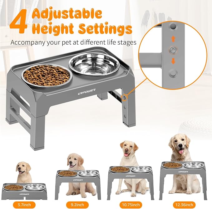 URPOWER Raised Dog Bowls 4 Height Adjustable Elevated Bowl Stand with Stainless Steel Water Bowl Non-Slip Dog Food Bowls Stand for Small Medium Large Dogs and Pets